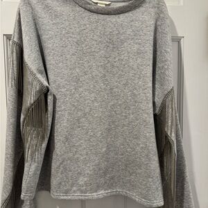 Gray Long Sleeve Sweatshirt with Metal Bead Fringe Detail